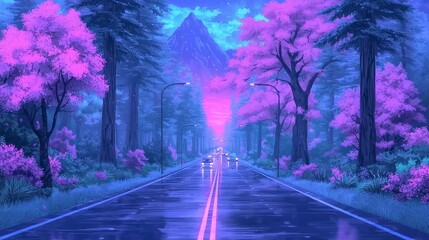 Fototapeta premium Dreamy Night Highway Purple Trees Mountain Cars Long Exposure