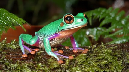 Obraz premium Vibrant Green Tree Frog on Mossy Log in Lush Rainforest