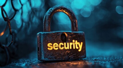 Padlock with word security. Blue background