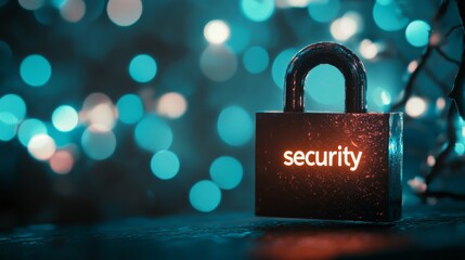 Padlock with word security. Blue background