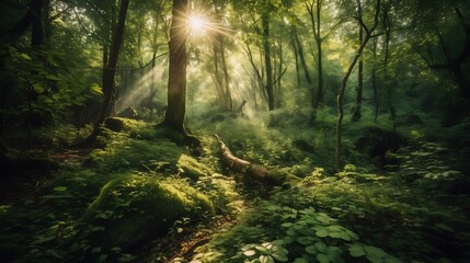 Obraz premium Sunbeams Illuminate Lush Green Forest With Mossy Undergrowth