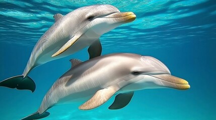 Obraz premium Two Dolphins Swimming Underwater Ocean Wildlife Marine Mammals Aquatic Life