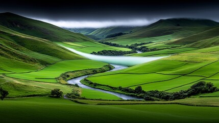 Serene River Valley  Lush Green Landscape  Rolling Hills  Misty Morning
