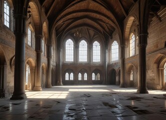 Obraz premium A grand hall with high ceilings and large windows in an abandoned medieval castle , windows, dusty