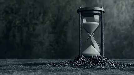 Naklejka premium A dark, moody hourglass rests on a textured surface, surrounded by chains, symbolizing the passage of time and constraint.