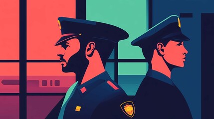 Two police officers stand back to back against a vibrant, geometric background, illustrating themes of law enforcement and unity.