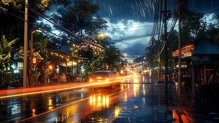 Naklejka premium Rainy night drive through vibrant city streets urban landscape dynamic