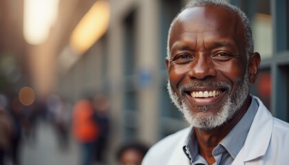 Obraz premium Smiling senior black man in a city street wearing a light jacket.