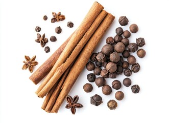 Cinnamon sticks, star anise, and allspice berries.