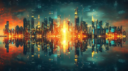 Obraz premium Futuristic aerial view urban sunset reflection over city skyline