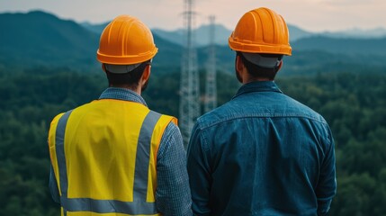 Two workers in safety gear, overlooking a green landscape with power lines, symbolizing engineering and teamwork in the energy sector.