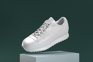 A white shoe with a black laces is shown in a 3D rendering