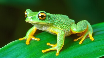 Obraz premium Vibrant Green Frog on Lush Leaf Tropical Rainforest Amphibian Wildlife Photography