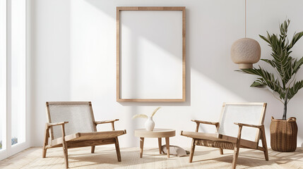 Fototapeta premium Living room in nordic boho style 3D render of luxurious airport lounge area Stylish Living Room and Bedroom with Empty Picture Frames, Generative AI