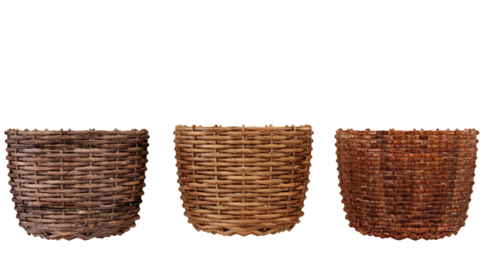 Three wicker baskets in different shades of brown