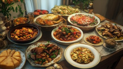 Obraz premium Variety of large home cooked dishes of multicultural meals.