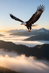 Fototapeta premium an eagle flying in the sky with mountains in the background
