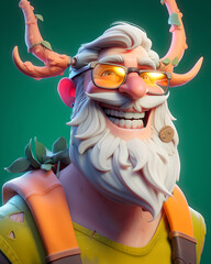 Santa Claus portrait with horns smiling on green background