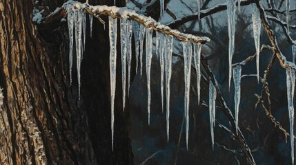 Close-up of icicles hanging delicately from tree limbs, shimmering in the light and contrasting with the rough bark beneath