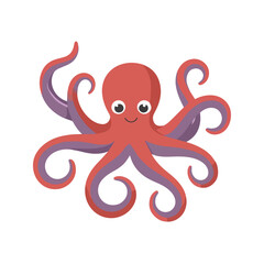 Flat vector illustration of a Giant Pacific octopus with eight smooth, stylized tentacles, red and purple tones, simple design, plain white background