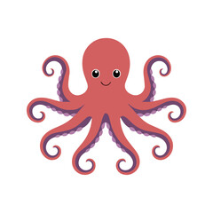 Flat vector illustration of a Giant Pacific octopus with eight smooth, stylized tentacles, red and purple tones, simple design, plain white background