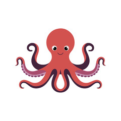 Flat vector illustration of a Giant Pacific octopus with eight smooth, stylized tentacles, red and purple tones, simple design, plain white background
