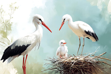 A family of storks with a chick in a nest, symbolizing care and nurturing.