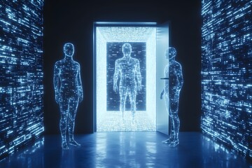 A digital door with a code on it opens to reveal three people standing inside. One of them is an AI robot, while the other two appear as humans