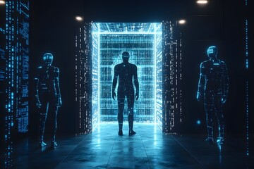 A digital door with a code on it opens to reveal three people standing inside. One of them is an AI robot, while the other two appear as humans