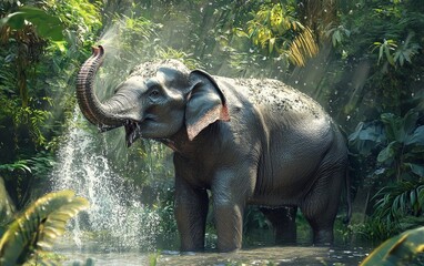 Fototapeta premium An elephant spraying water with its trunk, enjoying a refreshing bath in a lush jungle