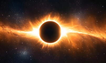 solar eclipse with intense twin flares, light beams curving and twisting, set in a panoramic star-filled sky