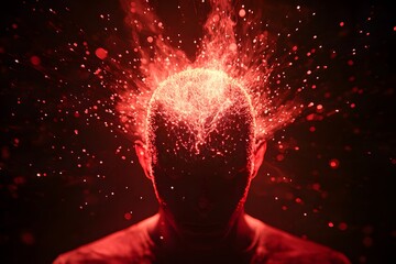 A person with glowing red energy particles emanating from their head, creating an aura of power and mystery. The background is dark to highlight the figure's face