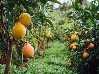 A group of fruits hanging from trees in a permaculture orchard, showcasing the abundance of the ecosystem