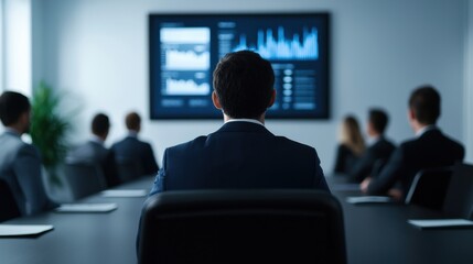 A group of professionals in a conference room, focusing on a screen displaying data visualizations and graphs, with one person prominently seated in the foreground.