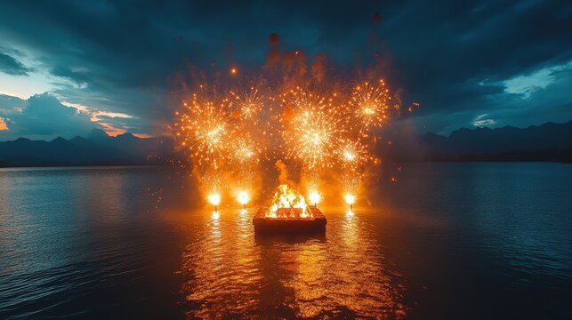 A vibrant fireworks display over a lake, creating a stunning visual spectacle.
