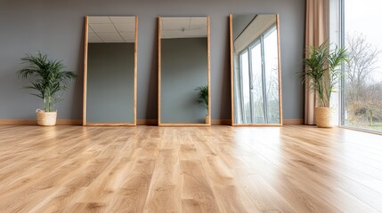 Obraz premium Modern Room Interior Three Mirrors Wood Floor Plants Grey Walls