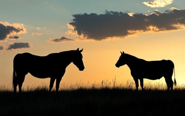 A horse and cow standing side by side, silhouetted against the evening sky