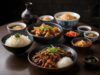 various kinds of typical South Korean food served on the table