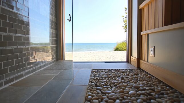Modern bathroom with ocean view, pebble floor, glass door.