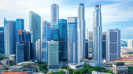Naklejka premium Panoramic view of a modern city skyline with numerous skyscrapers under a bright sky.