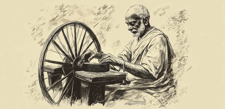Gandhi ji charkha, sketch. Mohandas Karam Chandra Gandhi Birthday. Mahatma Gandhi poster design. 