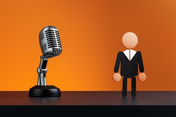 Retro-style microphone next to a minimal abstract figure on an orange background representing communication or presentation