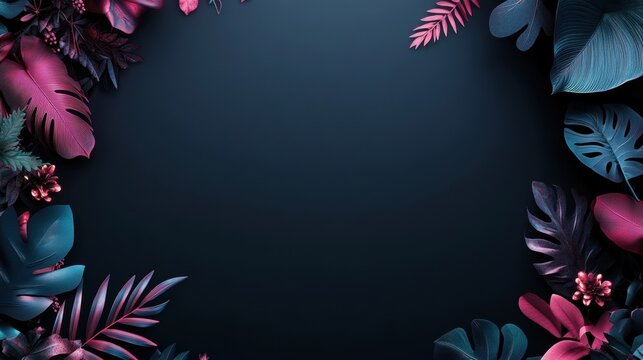 Tropical leaves in vibrant pink and blue tones forming a decorative frame on a dark background.