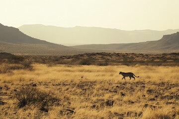 A lone predator stalking its prey in a dry, rugged savannah, with a heat haze in the distance