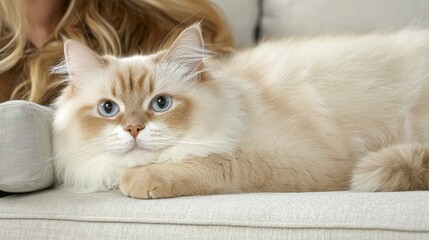 Obraz premium Fluffy Cream Cat Relaxing on a Cozy Sofa Home Interior Pet Animal