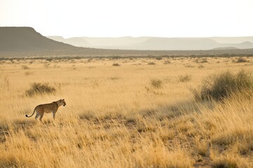Naklejka premium A lone predator stalking its prey in a dry, rugged savannah, with a heat haze in the distance