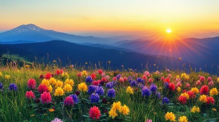 Obraz premium A vibrant sunset over mountains adorned with colorful wildflowers.