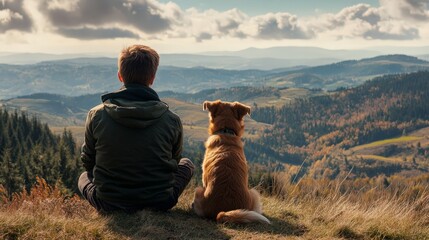 A loyal dog sitting attentively by its owner's side, looking out over a scenic landscape