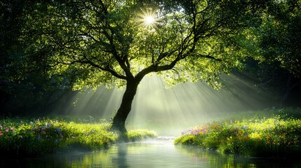 Obraz premium Serene Sunrise Misty Forest Wildflowers Stream Tranquil Woodland Scene