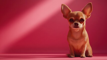 A small, fawn-colored Chihuahua puppy sitting on a pink background.